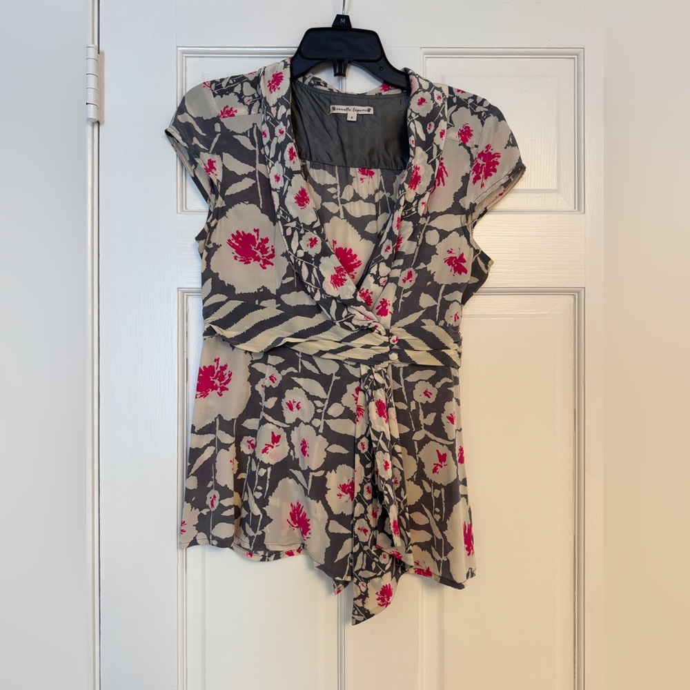 Nanette Lepore Silk Gray and Pink Floral Cowl Neck Blouse